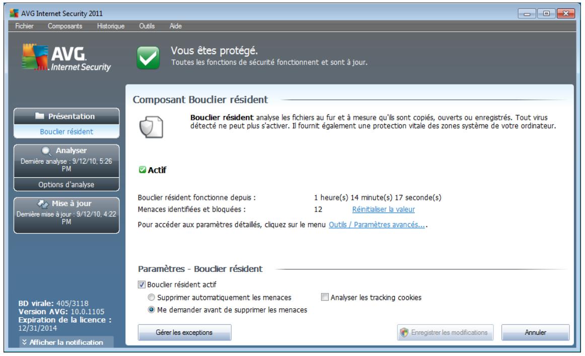 AVG INTERNET SECURITY 2011 - Interface du bouclier résident - 1
