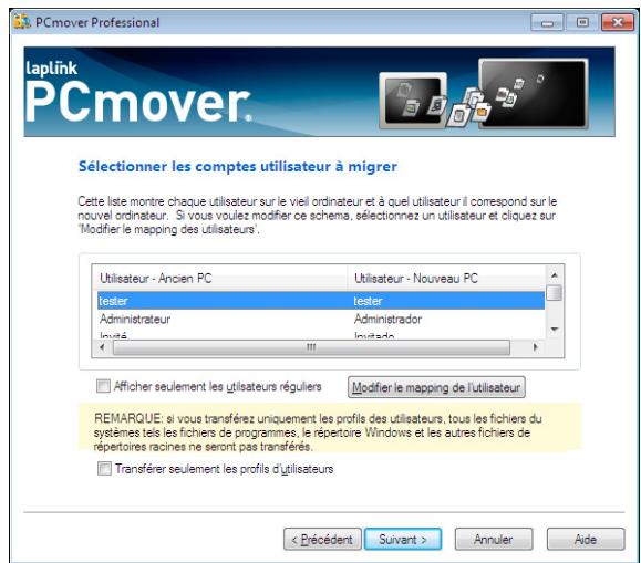 LAPLINK PCMOVER PROFESSIONAL - Sélectionner les comptes utilisateurs à migrer - 1