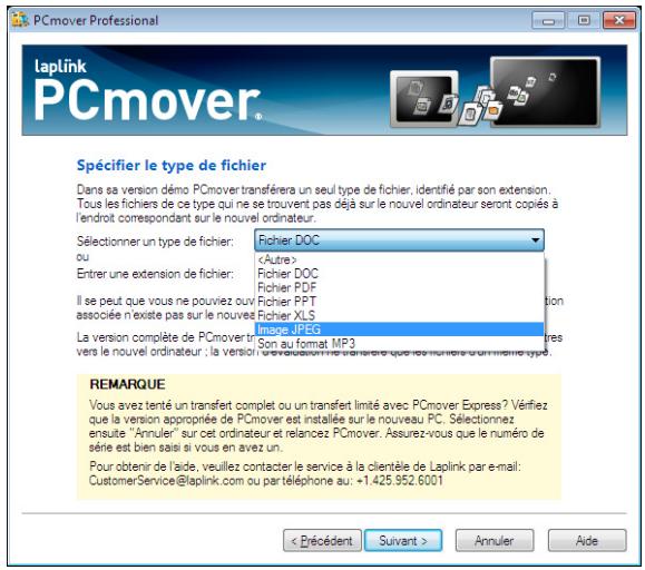 LAPLINK PCMOVER PROFESSIONAL - Spécifier le type de fichier - 1