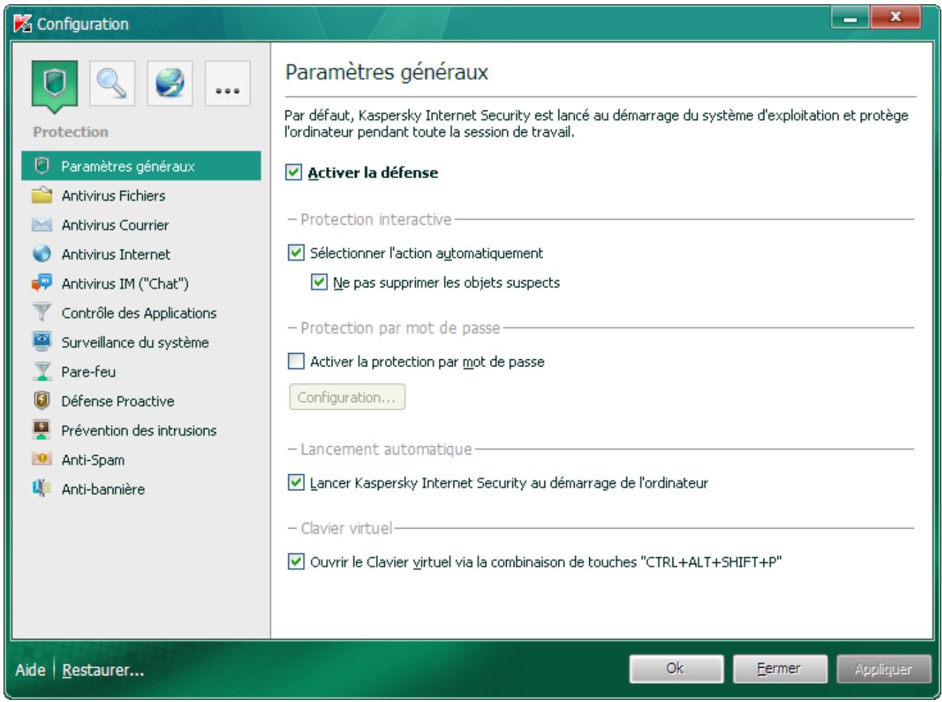 KASPERSKY LAB INTERNET SECURITY 2011 11.0 - FENETRE DE CONFIGURATION DES PARAMETRES DEL'APPLICATION - 1