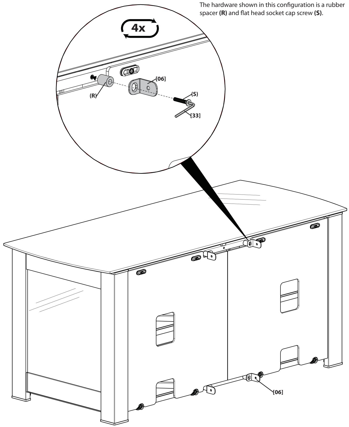 The hardware shown in this configuration is a rubber spacer (R) and flat head socket cap screw (S). 4x (R) [06] (S) [33]