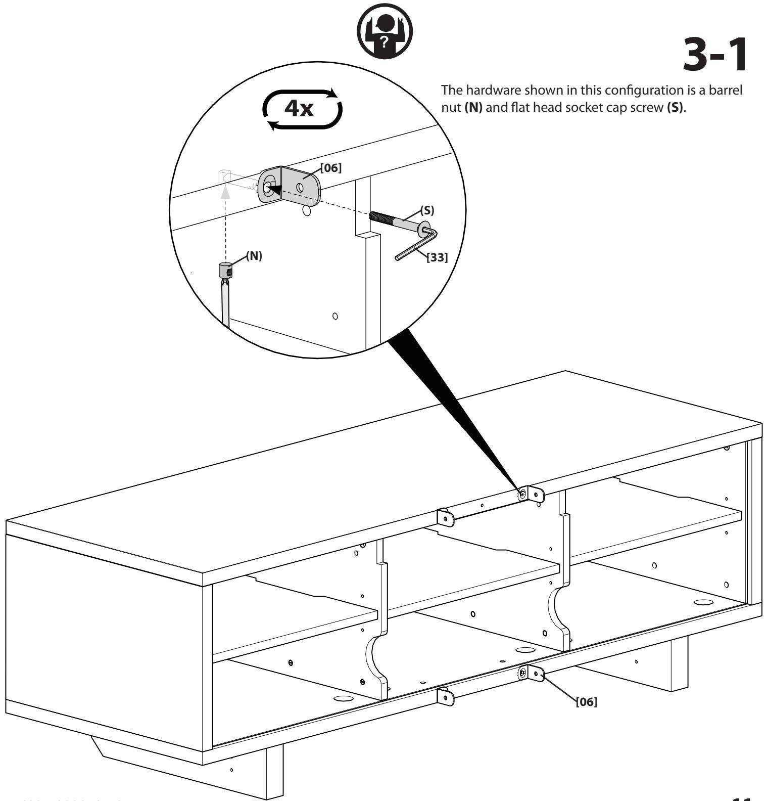 3-1 The hardware shown in this configuration is a barrel nut (N) and flat head socket cap screw (S). 4x [06] (N) (S) [33] [06]