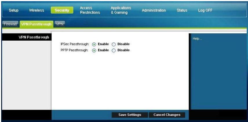 SCIENTIFIC ATLANTA DPC3825 - Security > VPN Passthrough (Sécurité > Support VPN Pass-Thru) - 1