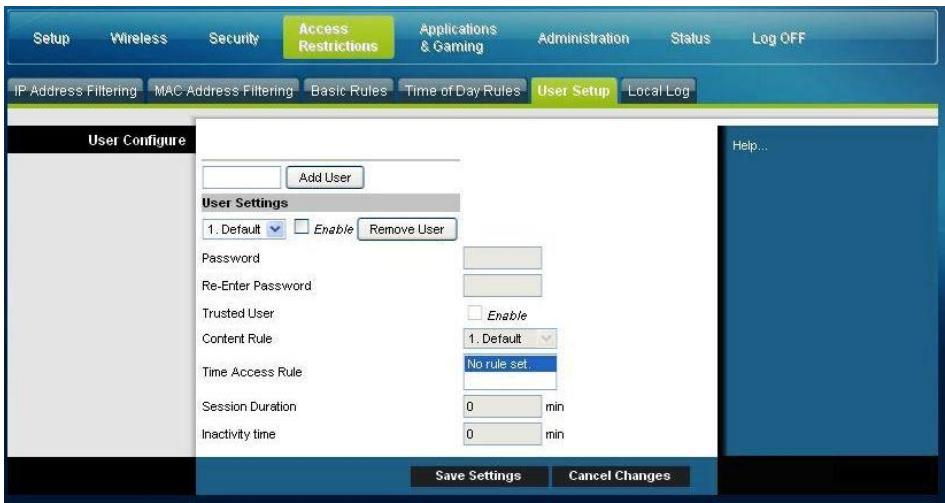 SCIENTIFIC ATLANTA DPC3825 - Access Restrictions > User Setup (Restrictions d'accès > Paramétres utiliser) - 1