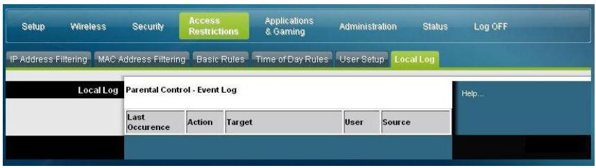 SCIENTIFIC ATLANTA DPC3825 - Access Restrictions > Local Log (Restrictions d'accès > Fichier journal local) - 1