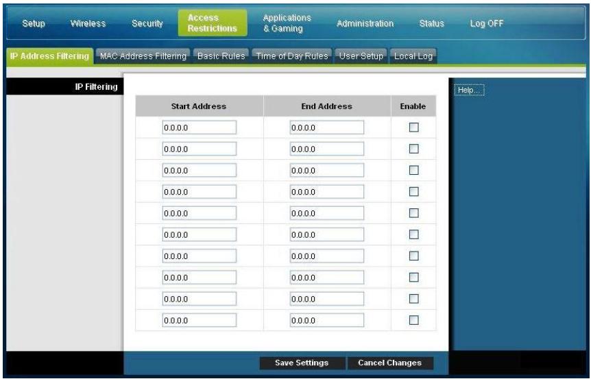 SCIENTIFIC ATLANTA DPC3825 - Access Restrictions > IP Address Filtering (Restrictions d'accès > Filtrage d'adresses IP) - 1