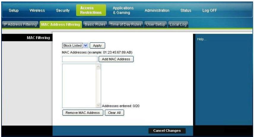 SCIENTIFIC ATLANTA EPC3825 - Access Restrictions > MAC Address Filtering (Restrictions d'accès > Filtrage d'adresses MAC) - 1