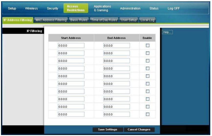 SCIENTIFIC ATLANTA EPC3825 - Access Restrictions > IP Address Filtering (Restrictions d'accès > Filtrage d'adresses IP) - 1