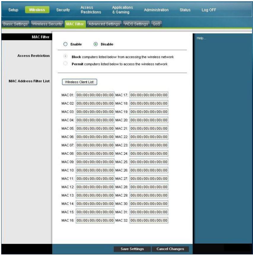SCIENTIFIC ATLANTA EPC3825 - Wireless > MAC Filter (Sans fil > Filtre MAC) - 1