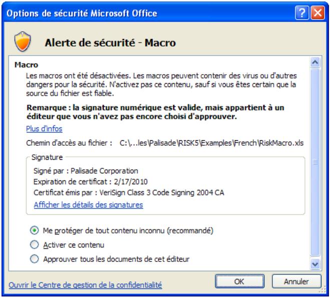 PALISADE TOPRANK 5.5 - Messages d'advertisement de sécurité des macros au démarrage - 1