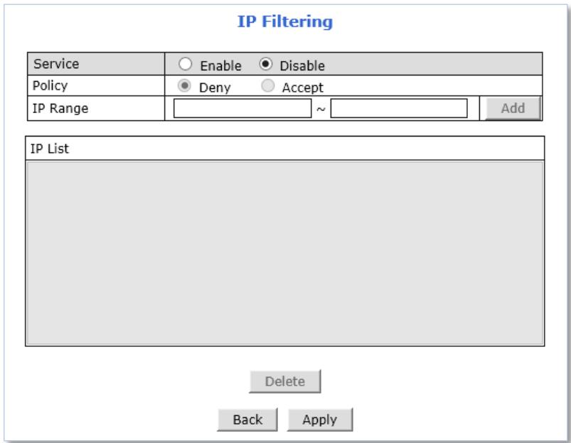IP Filtering Service Enable Disable Policy Deny Accept IP Range Add IP List Delete Back Apply