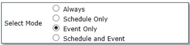 Select Mode ○ Always ○ Schedule Only ● Event Only ○ Schedule and Event