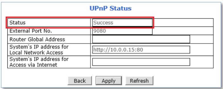 UPnP Status Status Success External Port No. 9080 Router Global Address System's IP address for Local Network Access http://10.0.0.15:80 System's IP address for Access via Internet Back Apply Refresh