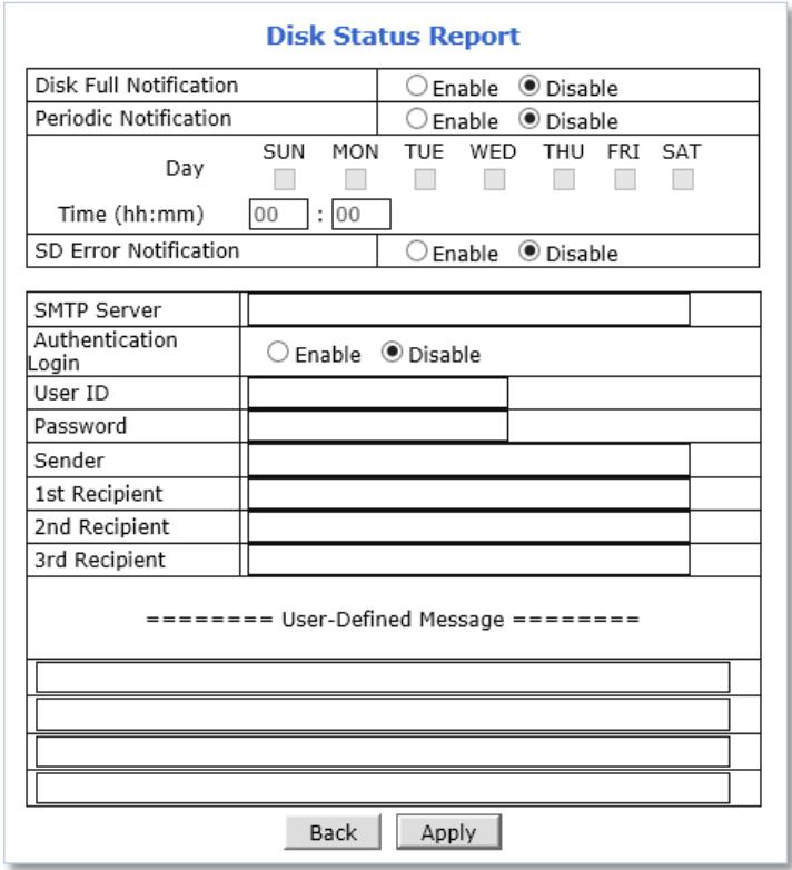 Disk Status Report Disk Full Notification ○ Enable ● Disable Periodic Notification ○ Enable ● Disable Day SUN MON TUE WED THU FRI SAT Time (hh:mm) 00 : 00 SD Error Notification ○ Enable ● Disable SMTP Server Authentication Login ○ Enable ● Disable User ID Password Sender 1st Recipient 2nd Recipient 3rd Recipient ========== User-Defined Message =========== Back Apply