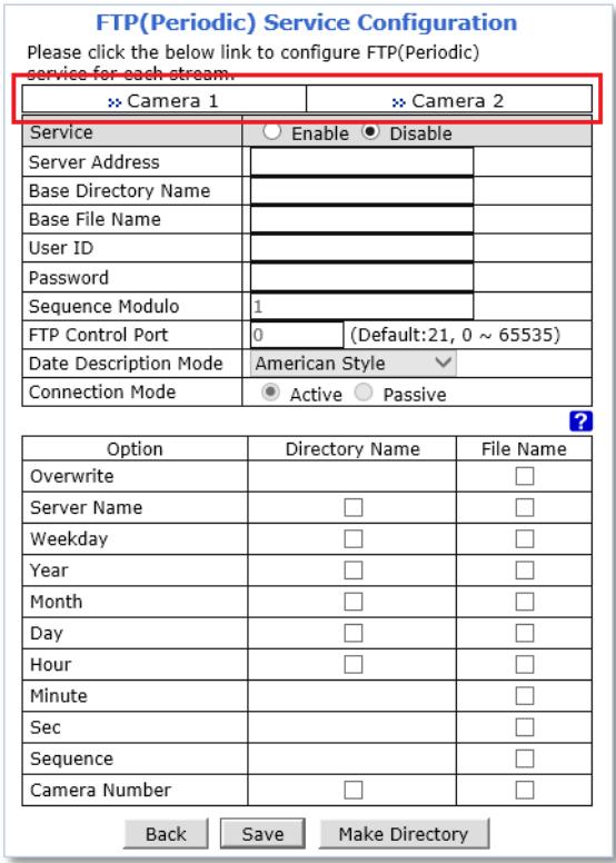 FTP(Periodic) Service Configuration Please click the below link to configure FTP(Periodic) service for each stream. >> Camera 1 >> Camera 2 Service ○ Enable ● Disable Server Address Base Directory Name Base File Name User ID Password Sequence Modulo 1 FTP Control Port 0 (Default:21, 0 ~ 65535) Date Description Mode American Style Connection Mode ● Active ○ Passive Option Directory Name File Name Overwrite Server Name □ □ Weekday □ □ Year □ □ Month □ □ Day □ □ Hour □ □ Minute Sec Sequence Camera Number □ □ Back Save Make Directory