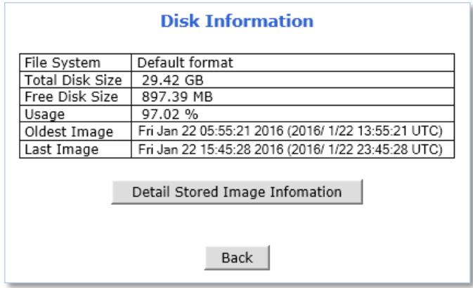 Disk Information File System Default format Total Disk Size 29.42 GB Free Disk Size 897.39 MB Usage 97.02 % Oldest Image Fri Jan 22 05:55:21 2016 (2016/ 1/22 13:55:21 UTC) Last Image Fri Jan 22 15:45:28 2016 (2016/ 1/22 23:45:28 UTC) Detail Stored Image Infomation Back