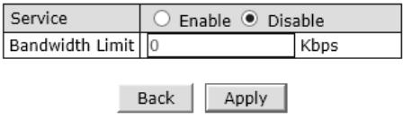 Service Enable Disable Bandwidth Limit 0 Kbps Back Apply