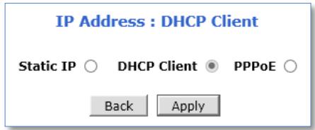 IP Address : DHCP Client Static IP ○ DHCP Client ● PPPoE ○ Back Apply
