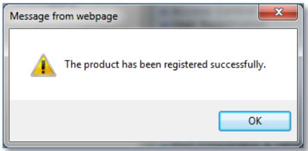 Message from webpage The product has been registered successfully. OK