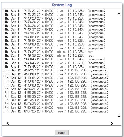 System Log [Thu Sep 11 17:43:22 2014 0+900] Live : 10.10.228.1 (anonymous) [Thu Sep 11 17:43:22 2014 0+900] Live : 10.10.245.1 (anonymous) [Thu Sep 11 17:43:23 2014 0+900] Live : 10.10.228.1 (anonymous) [Thu Sep 11 17:43:24 2014 0+900] Live : 10.10.245.1 (anonymous) [Thu Sep 11 17:44:24 2014 0+900] Live : 10.10.245.1 (anonymous) [Thu Sep 11 17:45:37 2014 0+900] Live : 10.10.245.1 (anonymous) [Thu Sep 11 17:47:36 2014 0+900] Live : 10.10.245.1 (anonymous) [Thu Sep 11 17:48:28 2014 0+900] Live : 10.10.245.1 (anonymous) [Thu Sep 11 17:49:04 2014 0+900] Home : 10.10.228.1 (anonymous) [Thu Sep 11 17:49:08 2014 0+900] Live : 10.10.228.1 (anonymous) [Thu Sep 11 17:49:17 2014 0+900] Live : 10.10.245.1 (anonymous) [Thu Sep 11 17:49:27 2014 0+900] Admin : 10.10.228.1 root [Thu Sep 11 17:49:38 2014 0+900] Admin : 10.10.228.1 root [Thu Sep 11 17:49:46 2014 0+900] Live : 10.10.245.1 (anonymous) [Thu Sep 11 17:49:46 2014 0+900] Live : 10.10.228.1 (anonymous) [Thu Sep 11 17:49:46 2014 0+900] Live : 10.10.228.1 (anonymous) [Fri Sep 12 14:42:57 2014 0+900] Live : 192.168.228.1 (anonymous) [Fri Sep 12 14:43:00 2014 0+900] Live : 192.168.228.1 (anonymous) [Fri Sep 12 14:43:04 2014 0+900] Live : 192.168.228.1 (anonymous) [Fri Sep 12 14:43:07 2014 0+900] Live : 192.168.228.1 (anonymous) [Fri Sep 12 14:43:08 2014 0+900] Live : 192.168.228.1 (anonymous) [Fri Sep 12 14:54:21 2014 0+900] Live : 192.168.228.1 (anonymous) [Fri Sep 12 14:55:28 2014 0+900] Live : 192.168.228.1 (anonymous) [Fri Sep 12 14:55:30 2014 0+900] Live : 192.168.228.1 (anonymous) [Fri Sep 12 14:55:58 2014 0+900] Live : 192.168.228.1 (anonymous) [Fri Sep 12 15:00:33 2014 0+900] Live : 192.168.228.1 (anonymous) [Fri Sep 12 17:50:05 2014 0+900] Home : 192.168.228.1 (anonymous) [Fri Sep 12 18:04:25 2014 0+900] Home : 192.168.225.1 (anonymous)