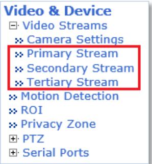 Video & Device Video Streams Camera Settings Primary Stream Secondary Stream Tertiary Stream Motion Detection ROI Privacy Zone PTZ Serial Ports