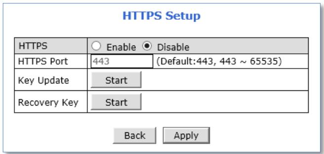 HTTPS Setup HTTPS Enable Disable HTTPS Port 443 (Default:443, 443 ~ 65535) Key Update Start Recovery Key Start Back Apply