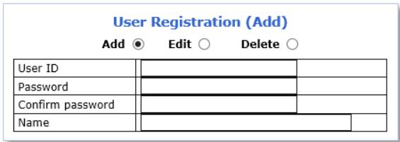 User Registration (Add) Add ○ Edit ○ Delete ○ User ID Password Confirm password Name