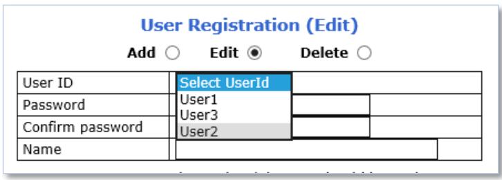 User Registration (Edit) Add ○ Edit ● Delete ○ User ID Select UserID Password User1 User3 Confirm password User2 Name