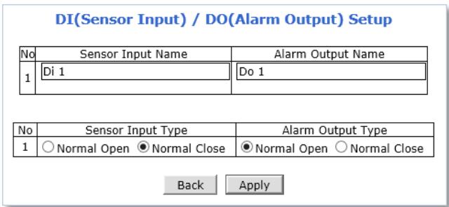 DI(Sensor Input) / DO(Alarm Output) Setup No Sensor Input Name Alarm Output Name 1 Di 1 Do 1 No Sensor Input Type Alarm Output Type 1 ○ Normal Open ● Normal Close ● Normal Open ○ Normal Close Back Apply