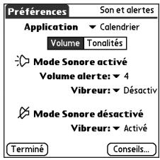 Préférences Son et alertes Application ▼ Calendrier Volume Tonalités Mode Sonore activé Volume alerte: ▼ 4 Vibreur: ▼ Désactiv Mode Sonore désactivé Vibreur: ▼ Activé Terminé Conseils...