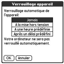 Verrouillage appareil Verrouillage automatique de l'appareil: Jamais A la mise hors tension A une heure prédéfinie Après un délai prédéfini Votre ordinateur ne sera pas verrouillé automatiquement. OK Annuler
