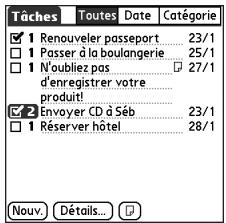Tâches Toutes Date Catégorie 1 Renouveler passeport 23/1 2 Passer à la boulangerie 25/1 3 N'oubliez pas 27/1 d'enregistrer votre produit! 4 Envoyer CD à Séb 23/1 5 Réserver hôtel 28/1 Nouv. Détails...