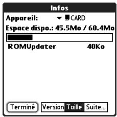 Infos Appareil: ▼ CARD Espace dispo.: 45.5Mo / 60.4Mo ROMUpdater 40Ko Terminé Version Taille Suite...