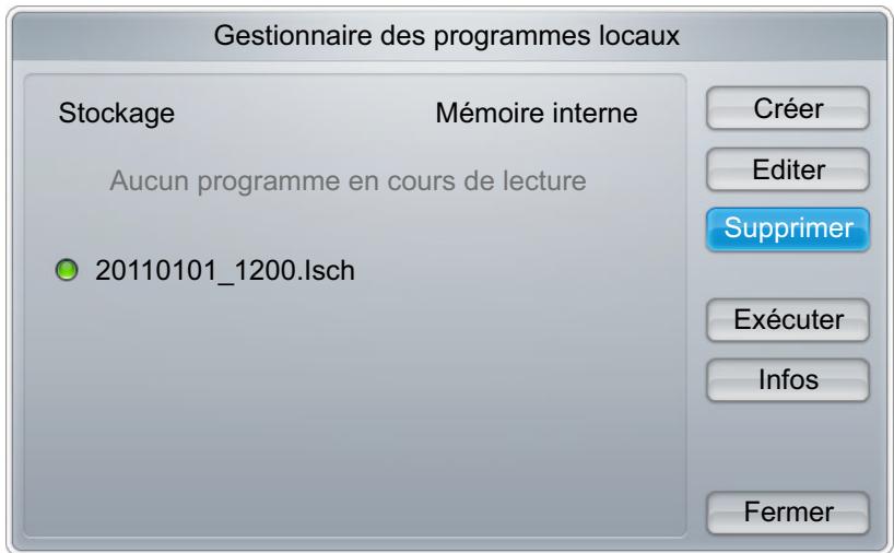 Gestionnaire des programmes locaux Stockage Mémoire interne Aucun programme en cours de lecture 20110101_1200.Isch Créer Editor Supprimer Exécuter Infos Fermer