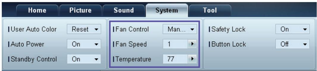 Home Picture Sound System Tool User Auto Color Reset Fan Control Man... Safety Lock On Auto Power On Fan Speed 1 Button Lock Off Standby Control On Temperature 77
