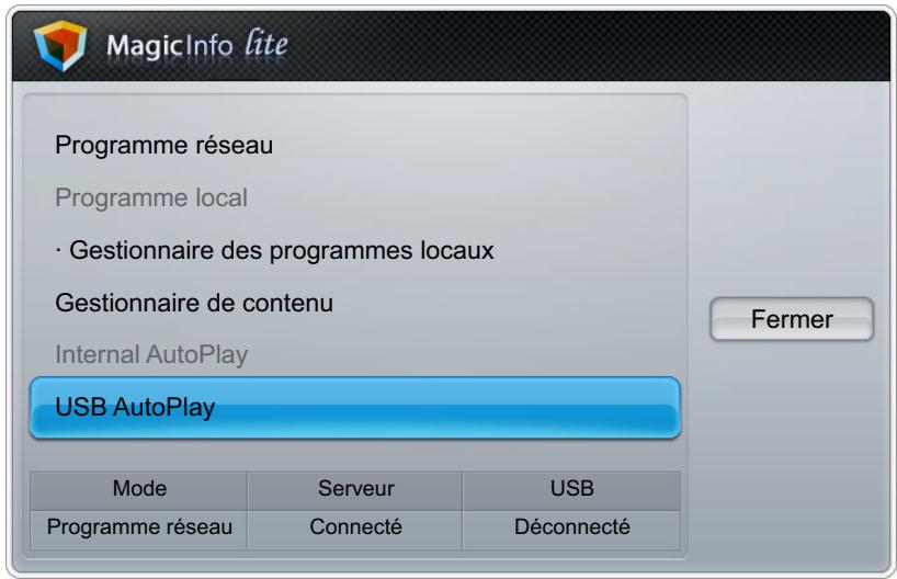 MagicInfo lite Programme réseau Programme local • Gestionnaire des programmes locaux Gestionnaire de contenu Internal AutoPlay USB AutoPlay Mode Serveur USB Programme réseau Connecté Déconnecté Fermer