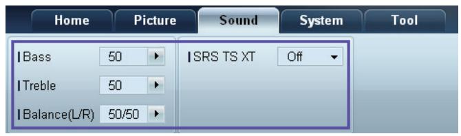 Home Picture Sound System Tool Bass 50 ISRS TS XT Off Treble 50 Balance(L/R) 50/50
