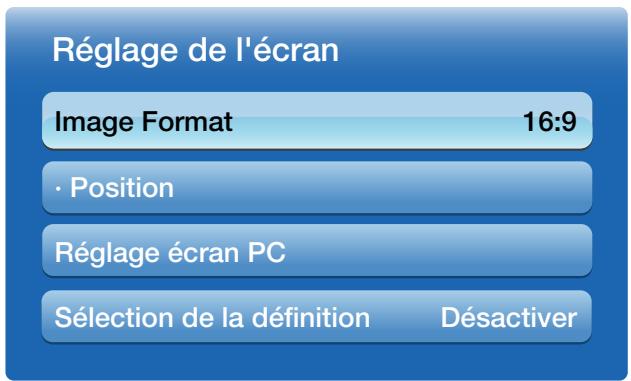 Réglage de l'écran Image Format 16:9 • Position Réglage écran PC Sélection de la définition Désactiver
