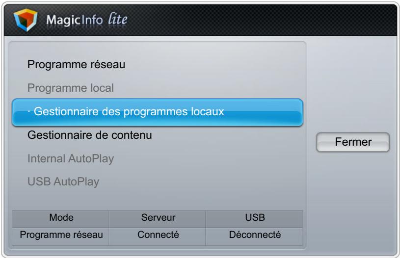 MagicInfo lite Programme réseau Programme local · Gestionnaire des programmes locaux Gestionnaire de contenu Internal AutoPlay USB AutoPlay Mode Serveur USB Programme réseau Connecté Déconnecté Fermer