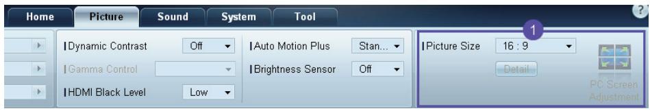 Home Picture Sound System Tool Dynamic Contrast Off Auto Motion Plus Stan... Gamma Control Brightness Sensor Off HDMI Black Level Low 1 Picture Size 16:9 Detail PC Screen Adjustment