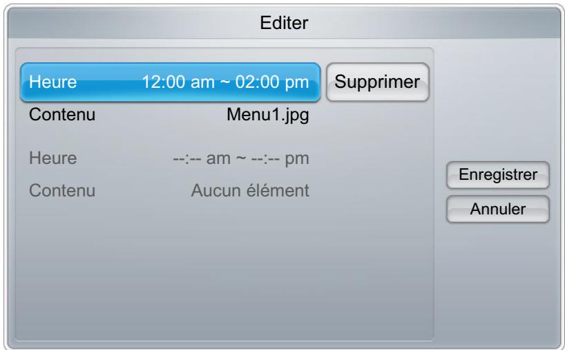 Editor Heure 12:00 am ~ 02:00 pm Supprimer Contenu Menu1.jpg Heure --:-- am ~ --:-- pm Contenu Aucun élément Enregistrer Annuler