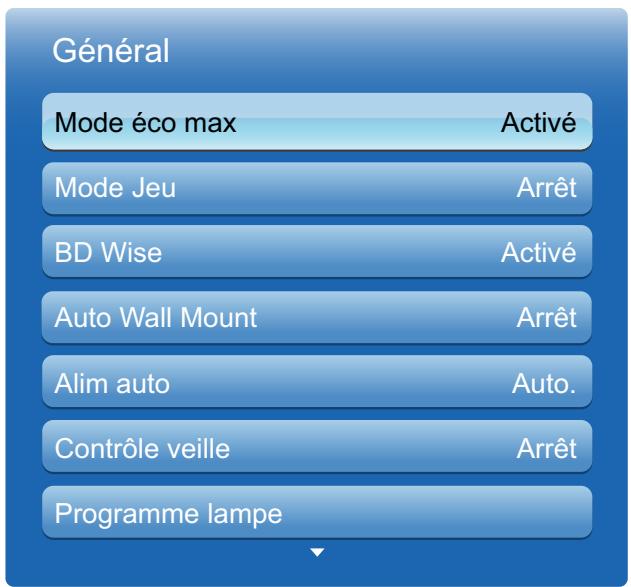 Général Mode éco max Activé Mode Jeu Arrêt BD Wise Activé Auto Wall Mount Arrêt Alim auto Auto. Contrôle veille Arrêt Programme lampe