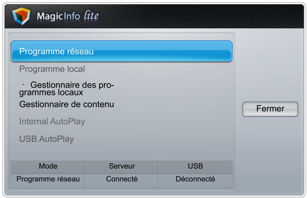 MagicInfo lite Programme réseau Programme local • Gestionnaire des pro- grammes locaux Gestionnaire de contenu Internal AutoPlay USB AutoPlay Mode Serveur USB Programme réseau Connecté Déconnecté Fermer