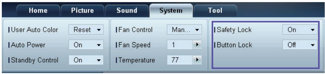 Home Picture Sound System Tool User Auto Color Reset Fan Control Man... Safety Lock On Auto Power On Fan Speed 1 Button Lock Off Standby Control On Temperature 77