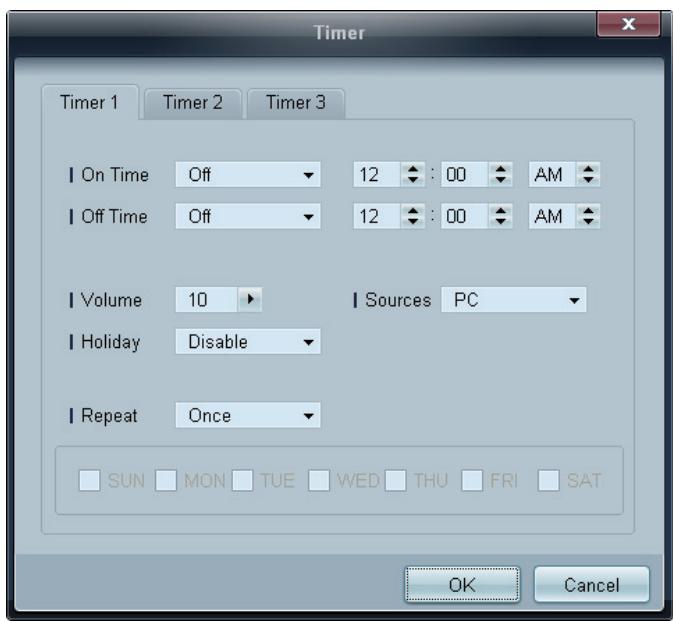 Timer Timer 1 Timer 2 Timer 3 On Time Off 12 : 00 AM Off Time Off 12 : 00 AM Volume 10 Sources PC Holiday Disable Repeat Once SUN MON TUE WED THU FRI SAT OK Cancel