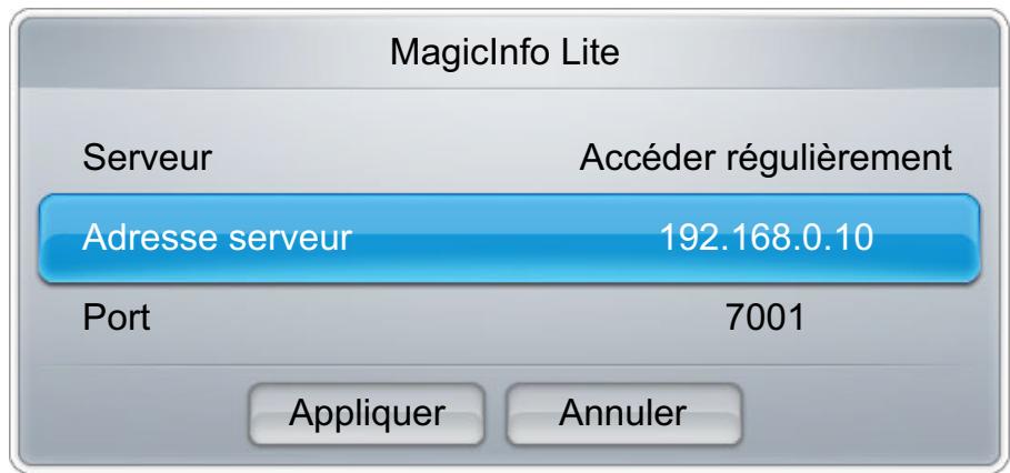 MagicInfo Lite Serveur Accéder régulièrement Adresse serveur 192.168.0.10 Port 7001 Appliquer Annuler