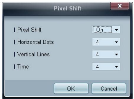 Pixel Shift | Pixel Shift On | Horizontal Dots 4 | Vertical Lines 4 | Time 4 OK Cancel