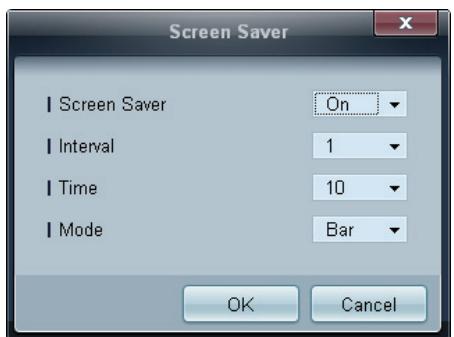 Screen Saver | Screen Saver On | Interval 1 | Time 10 | Mode Bar OK Cancel