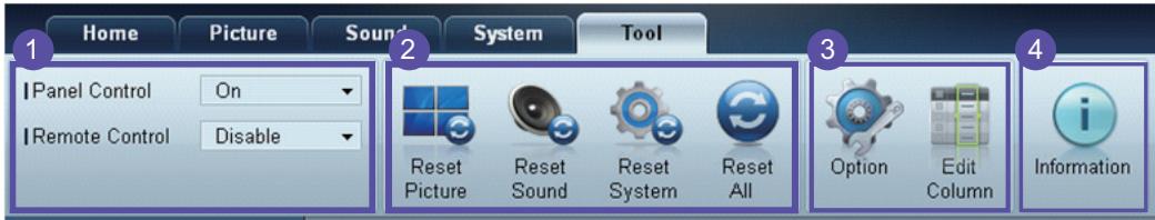 Home Picture Sound System Tool Panel Control On Remote Control Disable Reset Picture Reset Sound Reset System Reset All Option Edit Column Information