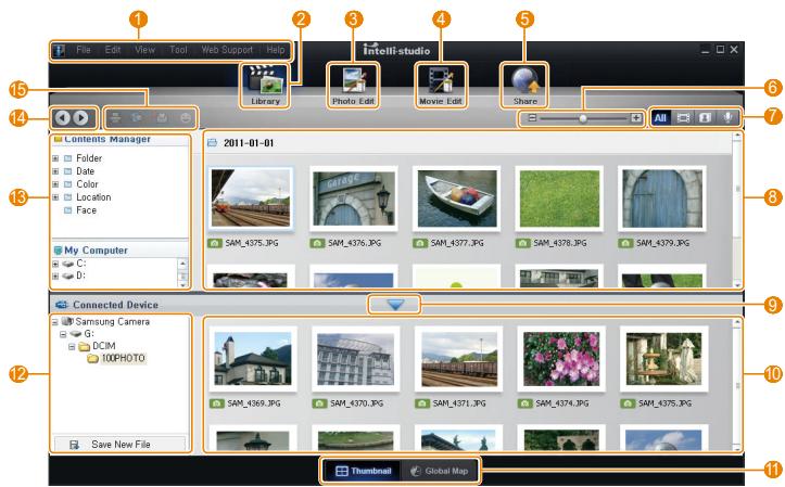 File Edit View Tool Web Support Help Intell-studio Library Photo Edit Movie Edit Share All Contents Manager 2011-01-01 Folder Date Color Location Face My Computer C: B: Connected Device Samsung Camera G: DCIM 100PHOTO Save New File SAM_4376.JPG SAM_4376.JPG SAM_4377.JPG SAM_4378.JPG SAM_4379.JPG SAM_4369.JPG SAM_4370.JPG SAM_4371.JPG SAM_4374.JPG SAM_4375.JPG Thumbnail Global Map